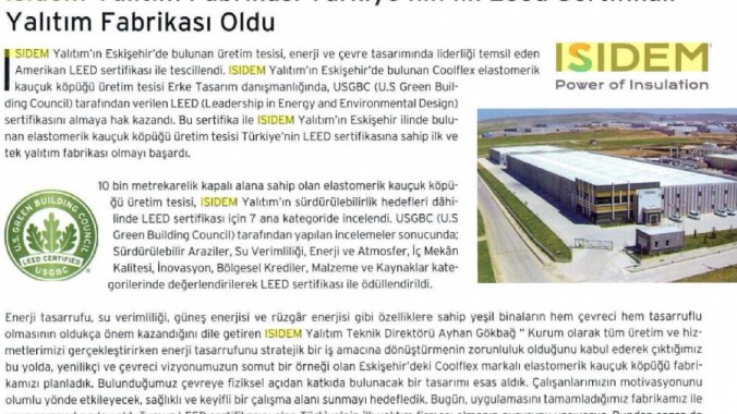 ISIDEM Yalıtım Fabrikası Türkiye’nin İlk LEED Sertifikalı Yalıtım Fabrikası Oldu